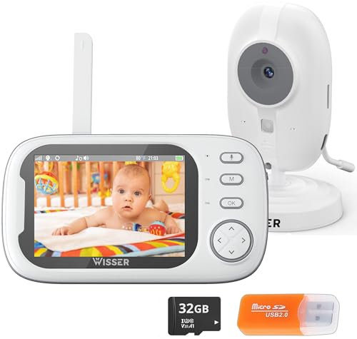 WISSER Baby-Kamera, Babyphone mit Kamera (Premium-Pack mit 2000 mAh mit Lesegerät und 32 GB MicroSD), 3,5-Zoll-Monitor, VOX, Nachtsicht, bidirektionales Audio, Temperatursensor und Stillwarnung