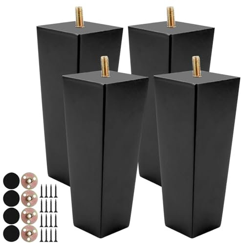 VIDETOL 4 Stück 15 cm Tischbeine Holz, Möbelfüße Holz Möbelbeine, Massivholz Beine Aus Eiche mit Montageplatten, Gummipads und Schrauben, Schwarz Holzfüße für Bett, Sofa, Möbel