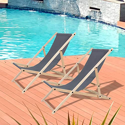 Ikodm 2er Set Liegestuhl klappbar Holz,120kg max Gartenliege Klappbar Verstellbar Liegestuhl Garten wetterfest Sonnenliege Holz Relaxliege Garten für Camping Balkon Pool,Grau
