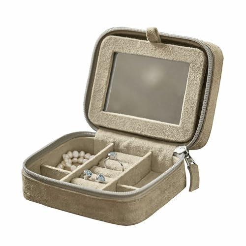 Loberon Schmuckkästchen Angelique, Perfekt auf Reisen, inkl. Ringaufbewahrung, Elegantes Design, Polyester, Büffel-Veloursleder, beige