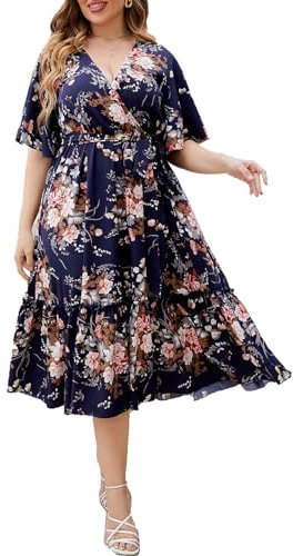 LIAMERHE Damen Übergröße Kleid Elegant V-Ausschnitt Große Größen Casual Kurzarm Kleider A Linie Sommerkleid Blumenmuster Mode Freizeitkleider
