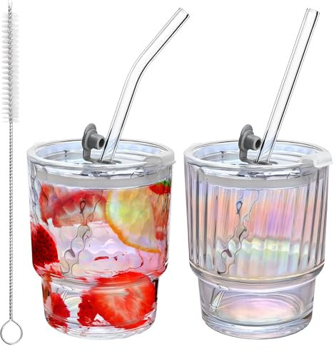 Glass Tumbler with Straw and Lid, Iced Coffee Cup, Smoothie Glass, Drinking Glasses, Leak Proof Glass Water Tumblers, Perfect for Water, Juice, Cocktail, Coke, Coffee, Tea or Hot Drinks (Pack of 2)