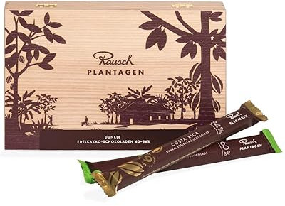 Rausch Plantagen Holz Schatulle Schokolade – Holz Schachtel gefüllt mit 12 Sticks dunkler Edelschokolade – Schokolade aus aller Welt – Schokoladen Geschenkset