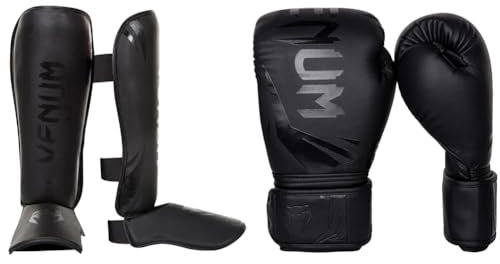 Venum Erwachsene Schienbeinschutz Challenger Schienbeinshoner, Schwarz/Schwarz, L & Unisex Challenger 3.0 Boxhandschuhe, Black/Black, 14 Oz EU