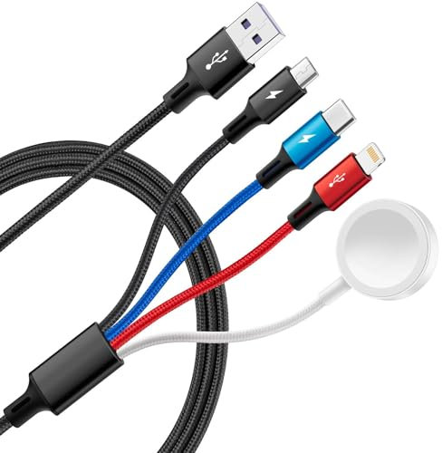 MINLU 4 en 1 Cable de Carga Múltiple,1.2m/4ft Cargador Apple Watch, Cable de Carga USB de Nylon con Cargador iWatch & iPhone, Cargador iWatch Apple para iWatch 10/9/8/7/6/5/4/3/2/1/Teléfono/Android