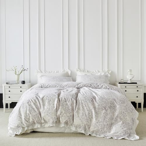 SUSYBAO Lilac Floral Duvet Cover Queen 100% Cotton 3 Pieces Set 1 White Romantic Ruffle Duvet Cover with Zipper Ties 2 Pillow Shams Farmhouse Purple Flower Ruffled Bedding Set Soft