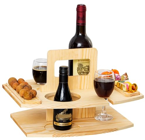 Tragbarer Picknicktisch, Picknicktisch aus Holz, abnehmbarer Weintisch mit 2 Glashaltern und Snacktablett, Weinpicknicktisch mit Griff für Party, Picknick, Camping, Strand, Weintablett, Weintisch