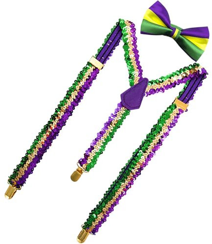 Alovez Pailletten Hosenträger Set Glitzer Fliege Mardi Gras Lila Y Clip mit Glitzer Fliege Krawatte Schleife Kostümzubehör für Disco Karneval Mottoparty