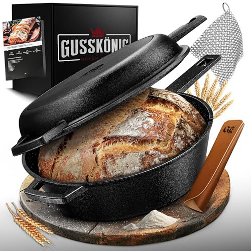 GUSSKÖNIG Gusseisen Topf Brot Backen – eingebrannte Brotbackform mit Deckel: 3L Topf & 1,5L Pfanne - Brottopf zum Backen - Brotbacktopf Set mit Rezeptbuch, Brotform, Gusseisentopf Brotbacken & Zubehör