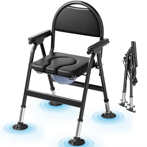 Commode Chair, Bedside Commode for Elderly, Heavy Duty Bariatric Toilet Chair (880 lbs), Folding Shower Commode Chair with Arms, Adjustable Height Portable Padded Seat