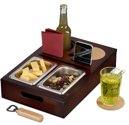 Relaxdays Couchbar, Bambus, Edelstahlschale für Snacks, Getränke- & Weinglashalter, Untersetzer, Couchorganizer, braun