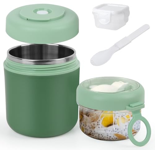 GEEKHOM Porta Yogurt E Cereali 530ml+330ml - Porta Yogurt Refrigerato Termico Piccolo Con Cucchiaio - Impermeabile, Isolante, Lavabile in Lavastoviglie, Ideale per Lavoro, Scuola, Picnic (Verde)