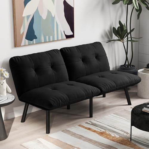 A ALFRESCOOL Klappbares Sofa-Bett, 2-Sitzer Futon-Couch mit Schlaffunktion, Platzsparendes Gästebett, Verwendung als Sofa Oder Liege, Geeignet für Wohnzimmer, Schlafzimmer, 160 * 81 * 78cm (Schwarz)