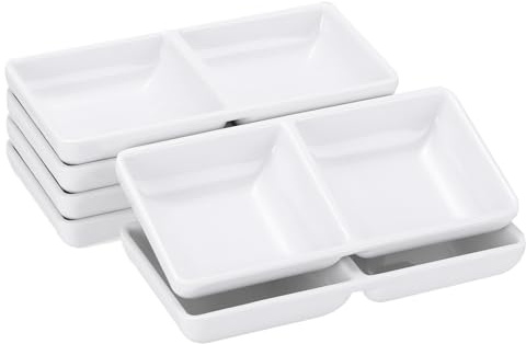 QUARKZMAN 6Pcs MF Cuadrados Para Salsa, Pequeños Platos Blancos Con 2 Compartimentos Divididos Para Salsas Postres Hogar BBQ Fiesta Picnic Restaurante