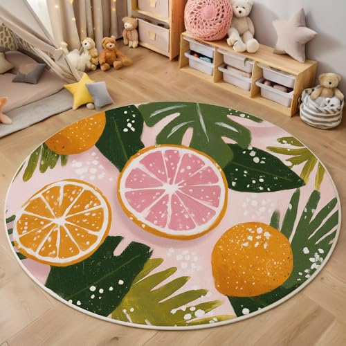 ZISTRCBAO Blattzitrone Rund Bereich Teppich 160cm, Tropische Pflanze Weich Teppich Rund, Waschbar rutschfest Wohnzimmer Teppiche Für Jugendzimmer für Jungen, Rosa