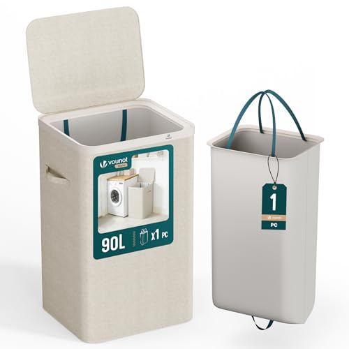 VOUNOT Wäschekorb 90L, Wäschesammler mit Deckel und herausnehmbaren & höhenverstellbaren Wäschesäcken, Wäschesortierer für Badezimmer, Schlafzimmer, Wäschekammer, Kinderzimmer Beige
