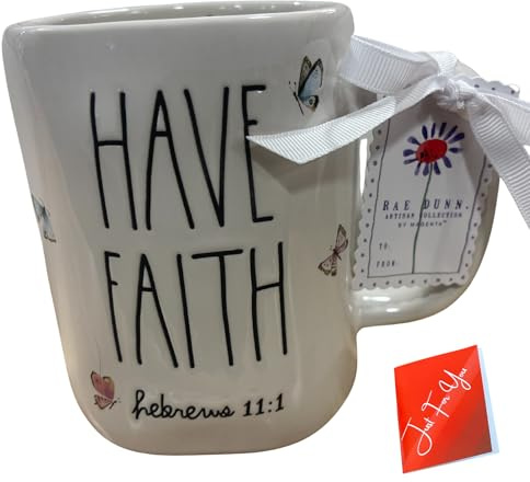 Rae Dunn - HAVE FAITH - Hebrews 11:1 decorated with Butterflies - 16 oz LL Ceramic Mug with Artistix Christmas Shoppe® Gift Tag