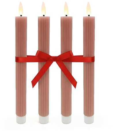Relaxdays LED Stabkerzen, 4er Set, HxD: 25 x 2 cm, altrosa | flackernde Flamme, Echtwachs, Rillen, flammenlose Kerzen