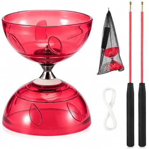 WDKXCN Diabolo avec Roulement à Billes, Kit de Jonglerie avec Lumière LED et Baguettes Manuelles, Kit de Jonglage en Caoutchouc Souple Transparent avec Cordon de Rechange et Sac, Rouge