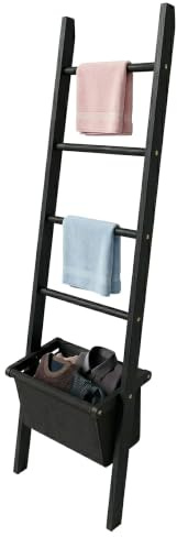 Relaxdays Escalera toallero de 4 peldaños, Nogal y Negro | cesta para ropa, para baño, 170 x 50 cm