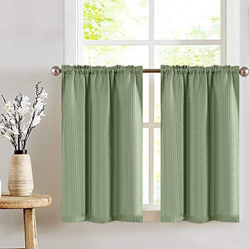 Café Curtains 36 inch Length Tiers Waffle Weave Textured Waterproof Kitchen Window Curtain Sets for Bathroom 2 Panels Olive