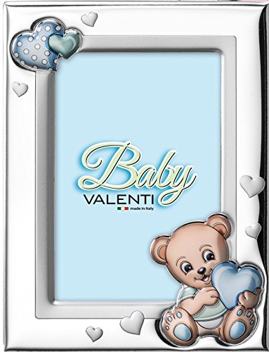 VALENTI & CO. - Bilderrahmen aus Silber mit Bären-Detail, farbig bemalt, für Tisch oder Nachttisch für das Kinderzimmer, perfekt als Geschenkidee für Taufe oder Geburtstag, hellblau