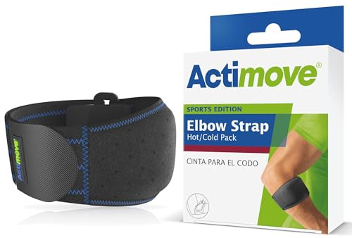 Actimove Sports Edition Elbow Strap Adjustable with Hot & Cold Pack | Black, Universal Size, Pain Management for Tennis and Golfer Elbow, Left or Right Wear