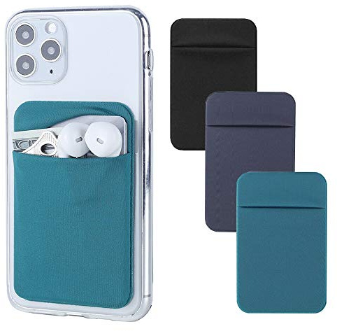 3Pack Cell Phone Card Holder for Back of Phone,Stretchy Stick on Wallet Pocket Credit Card ID Case Pouch Sleeve Self Adhesive Sticker for iPhone Samsung Galaxy Android-Dark Green&Blue Gray&Black
