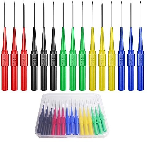Cleqee 15 Stück Automobilindustrie Back Probe Pins Multimeter Wire Piercing Prüfspitzen mit 4mm Buchse 0,7mm Puncture Probe Nadel 30V/10A für kleine IC Pins Elektronikprüfung Fünf Farben