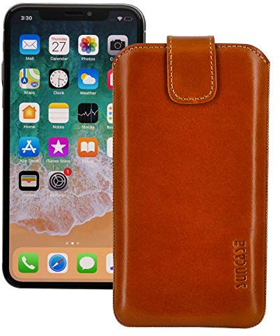 Suncase ECHT Leder Tasche kompatibel mit iPhone 12 Pro (6.1) mit ZUSÄTZLICHER Transparent Hülle | Schale | Silikon Bumper Handytasche (mit Rückzugsfunktion und Magnetverschluss) in Cognac