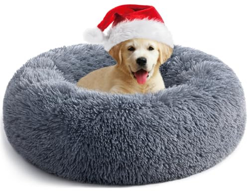 YOJOGEE Calming Donut Dog Bed for Medium Small Dogs Cats, Fluffy Anti AnXiety Dog Beds Washable Puppy Bed Non-Slip Plush Cuddler Warming Round FauX Fur Pet Bed,Dark Grey,60*60cm