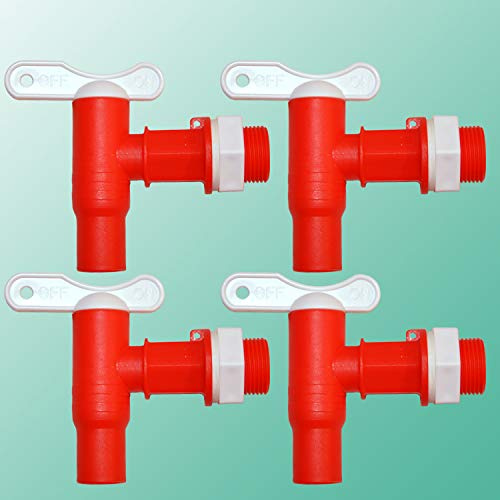 4stk. Wasserhahn für Regentonne Regenfass, der Kunststoff-Auslaufhahn in rot mit Mutter und Dichtung, für Regenspeicher, Wasserbehälter. Auslaufventil Kugelhahn