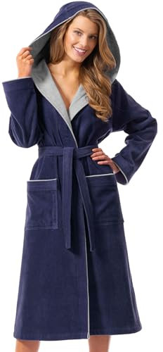 Morgenstern Bademantel Damen mit Kapuze 100% Baumwolle Frottee OEKO-TEX® Morgenmantel Leonie Blau Größe M