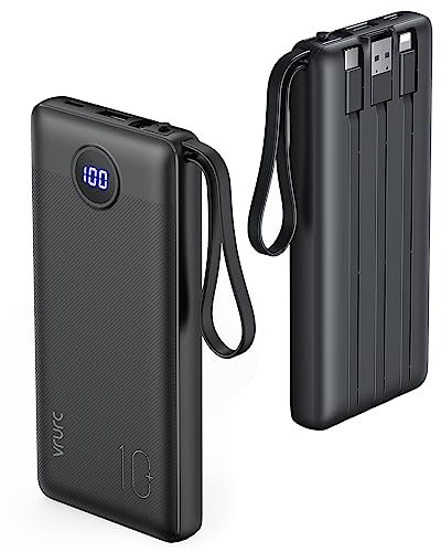 VRURC Batterie Externe 10000mAh Câble intégré Power Bank USB C 2.4A et 5 Sorties Ultra Mince Batterie Portable avec l’Ecran LED pour iPhone Huawei Samsung (Noir)