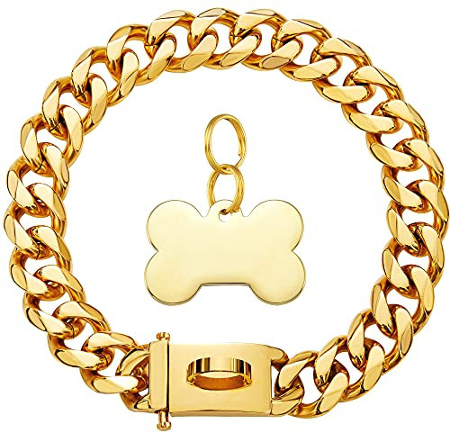 Gold Dog Chain Collar Walking Metal Chain Collar with Design Secure Buckle, 18K Cuban Link Strong Heavy Duty Chew Proof for Small Dogs American Pitbull German Shepherd (19MM, 12)