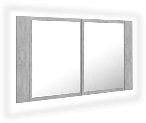 vidaXL Armario Espejo de Baño con Luz LED Acrílico Aseo Muebles Mobiliario Almacenamiento Estante Decoración Adorno Cemento Gris 80x12x45 cm
