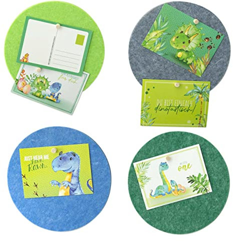 Papierdrachen 4 Pinnwand Tafeln mit 6 Postkarten - Kinderzimmerdeko aus Filz zum Aufhängen - Selbstklebende Wanddeko inkl. 12 Pins - Motivationssprüche - Dinosaurier - Set 5