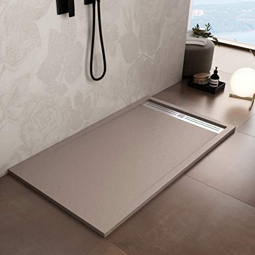 Luminosa ArredoBagno Duschtasse Marmorharz 90 x 100 cm - Steinoptik rutschfest mit Gelcoat - Modell Paris Farbe Sand - Edelstahlgitter und Ablaufgarnitur inklusive