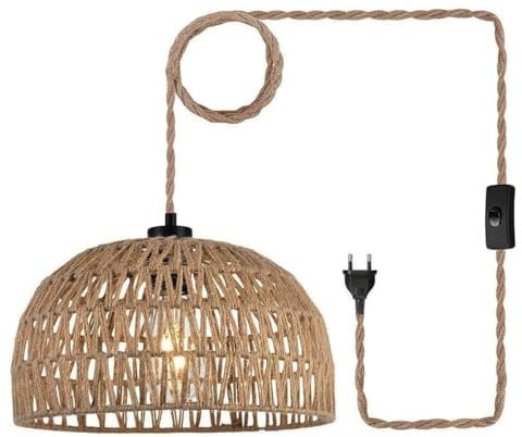 YIKEGE LICHT Boho Rattan Vintage Hängelampe Pendelleuchte mit Stecker - Seil Lampe Hängeleuchte für Steckdose - Hängend Deckenlampe Korblampen Schlafzimmer Industrielle Textilkabel E27 Lampenfassung