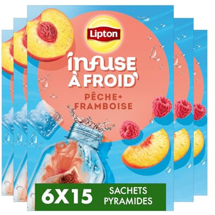 Lipton Infuse à Froid, Infusion à Froid, Goût Pêche et Framboise, Idéale pour le Thé Glacé, Boisson d'Eté Rafraichissante, 6x15 Sachets Pyramid