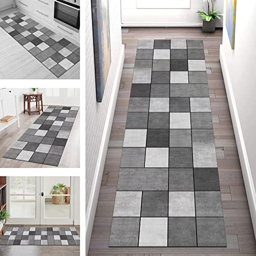 Teppich Läufer Flur Küche rutschfest waschbar Teppichläufer Lang 50X180CM Grau Schwarz Küchenläufer Meterware Korridor Tepiche Esszimmer Schlafzimmer Wohnzimmer Schmutzfangmatte Breit 40-120cm