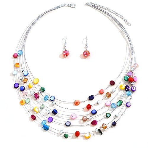 TOFBS Schmucksets für Damen Bohemian-Halskette Mehrschichtige Kristalle Muschel Halskette Ohrringe Set für Frauen Mädchen Valentinstag Geburtstagsgeschenk (Bunt/b)