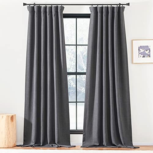 PONY DANCE Verdunklungsvorhänge Kräuselband Wohnzimmer Gardinen Blickdicht Leinenoptik 2er Set H 260 x B 140 cm Extra Lange Gardinen und Vorhänge im Landhausstil Thermovorhang Kälteschutz, Anthrazit