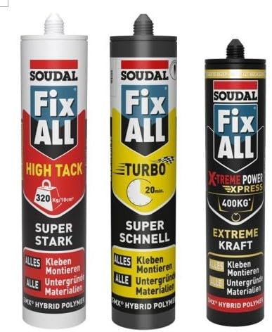 Fix-All im 3er Set, Soudal -XTreme Power, Turbo, HighTack, Handyhalter