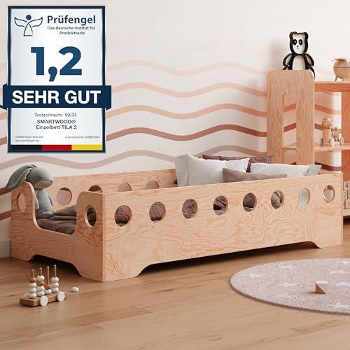 smartwood Kinder Bodenbett 100x190 cm – Kinderbett aus umweltfreundlichem Holz mit Rausfallschutz – Montessori Bett mit wählbarem Einstieg – Max. Belastung 230 kg – TILA 4B