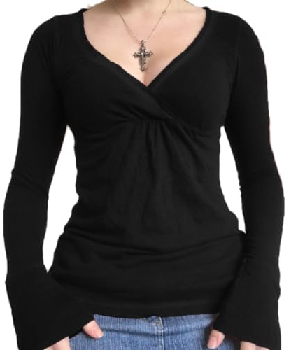 Women Lace Stitching V-Neck Fairy Crop Tops Y2K Long Sleeve Tight Shirt Spring Fall Downtown Girl Coquette Clothing