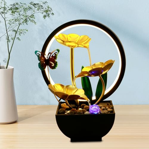 Fuente de Agua de Mesa para Interiores Con Anillo de Luces LED - Alimentada por USB, Cascada de Escritorio para Meditación, Relajación y Decoración Zen