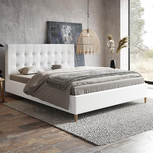 MOTIVENA Flora Polsterbett 120x200 mit Füßen, Bett 120x200 mit lattenrost, Polsterbett 120x200 ohne Bettkasten, Polsterbett 120x200 Kunsteder, mit Kopfteil, ohne Matratze, Weiß (Weiss)