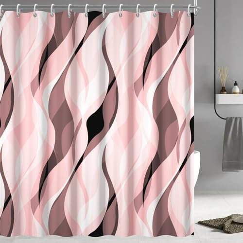 Ruelvth Rideau de douche à rayures roses avec crochets pour salle de bain 183 x 183 cm