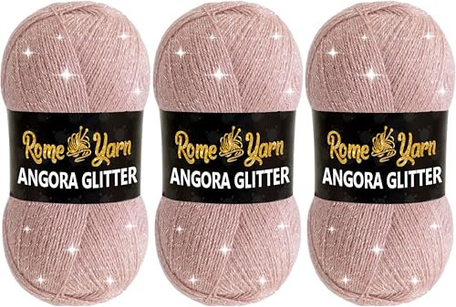 Rome Yarn Angora Glitter Garn | #2 Fine, Sport (USA), 4 ply (UK) | Metallic-Wolle | Glitzerndes Garn zum Stricken und Häkeln Simli Wolle (3 Knäuel, 758 Puderrosa)